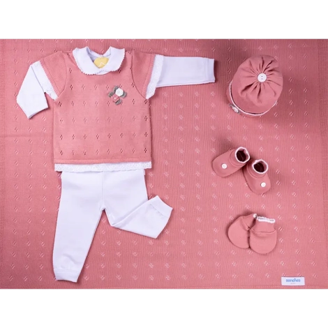 Saida de Maternidade Feminino - Fotos detalhe itens - Rosa Abricot com Branco