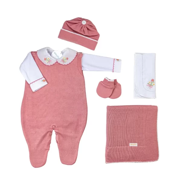 Saída De Maternidade Bordada Rosa Abricot c/ Branco