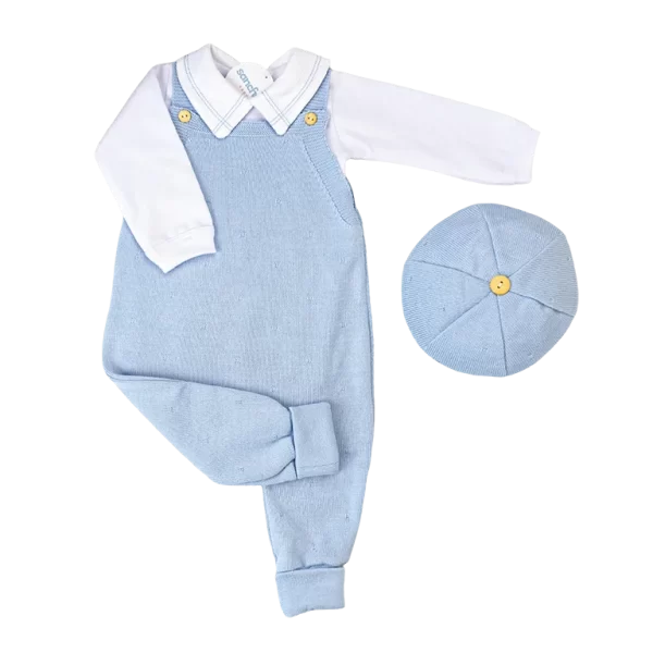 Kit Jardineira Azul Celeste c/ Branco