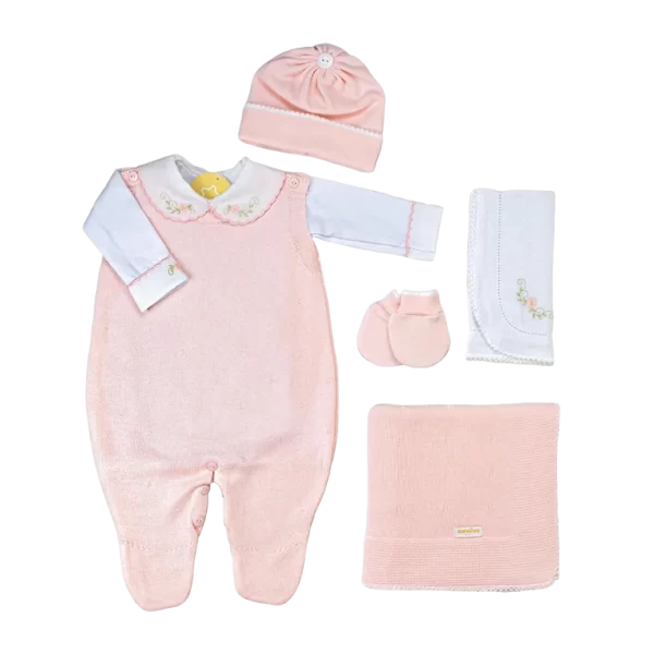 Saída De Maternidade Bordada Rosa c/ Branco