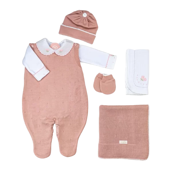 Saída De Maternidade Bordada Rosê c/ Branco